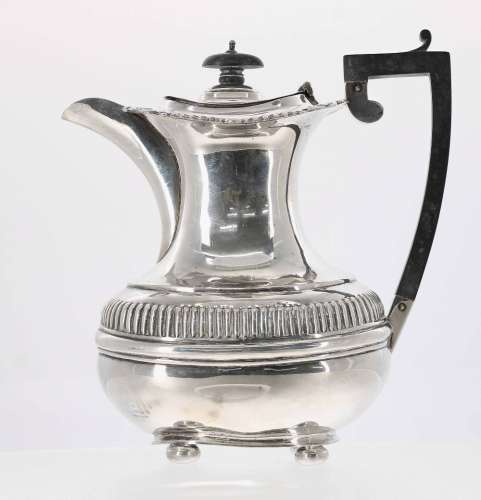 George V silver coffee pot, of squat baluster form with reeded border, engraved monogram 'JB' to the