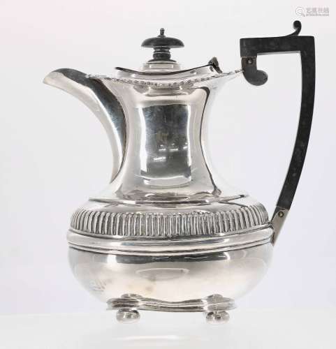 George V silver coffee pot, of squat baluster form with reeded border, engraved monogram 'JB' to the