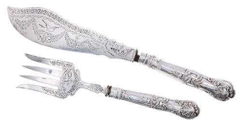 Pair of Victorian silver fish servers, with scrolling engraved decoration and silver King's