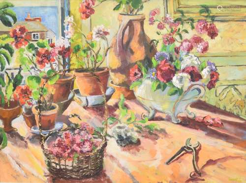 Chris Insoll (British contemporary, Cornish School (b.1946) - Mum's Roses, still life interior scene