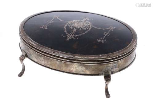George V silver and piqué tortoisehell oval dressing table box, the cover decorated with a