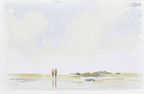 Bill Voss (1921-1989) - Couple walking on a beach at low tide, signed, watercolour, 21