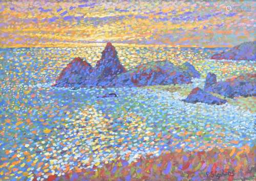 Paul Stephens (20th/21st Century) - Twilight setting sun at Kynance Cove seaside, Cornwall,