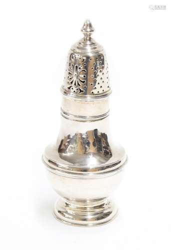 George I silver sugar caster, of waisted form with pierced cover surmounted by finial, maker