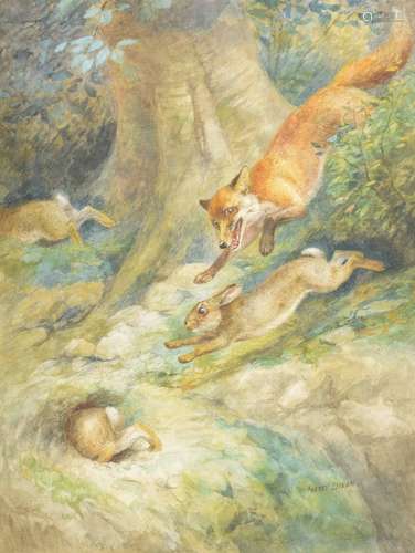 Harry Dixon (1861-1942) - A Run On The Bank, a fox chasing hares in a wood, signed, watercolour,