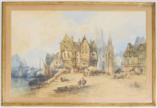 Paul Marny (1829-1914) - An extensive continental town scene with a market square and river, pen,