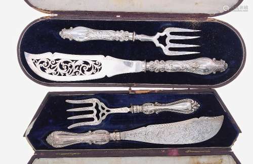 Pair of Victorian engraved silver fish servers, maker Martin, Hall & Co. Sheffield, 1855, 7oz t;