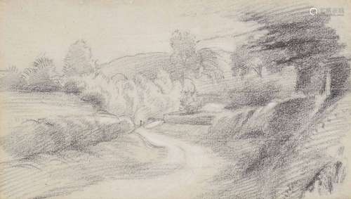 George Richmond R.A. (1809-1896) - Landscape with a lane leading through trees and hills in the