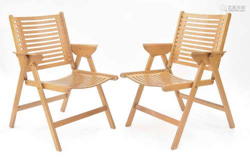 Good pair of Niko Kralj design 'REX' folding lounge chairs, the backs and seats of pierced ply