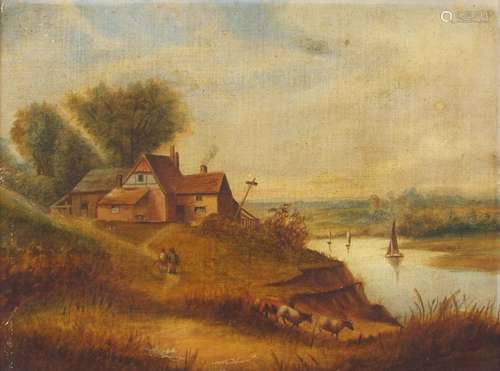 Continental School (19th century) - Two figures and cottage on a river bank, oil on canvas laid on