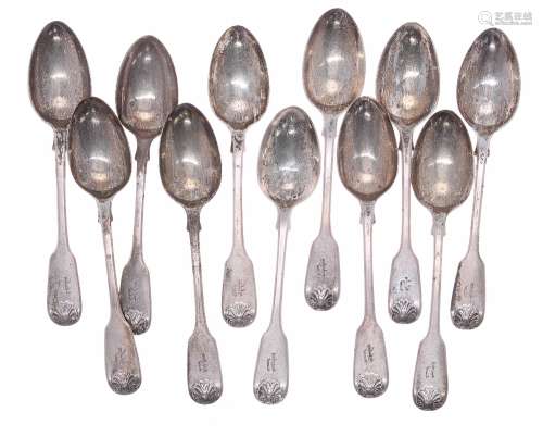Eleven Victorian silver teaspoons, fiddle with shell pattern, initialled 'P', maker John James