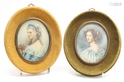 Two oval portrait miniatures of elegantly dressed ladies, initialled, 3.5