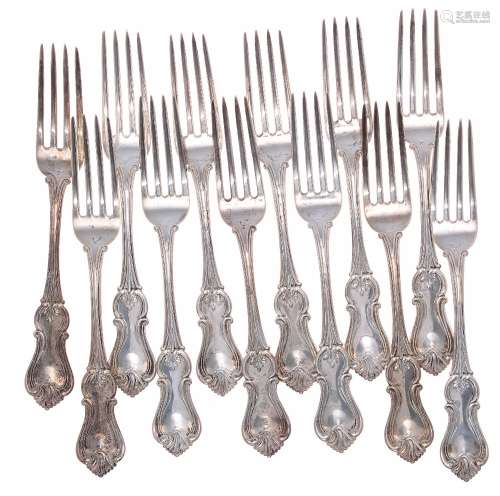 Ten Lincoln & Foss Sterling forks, with scrolling patterned, engraved presentation monograms to