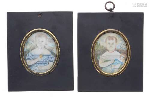 Pair of primitive portrait miniatures on bone, of children, the first with a biscuit, the second