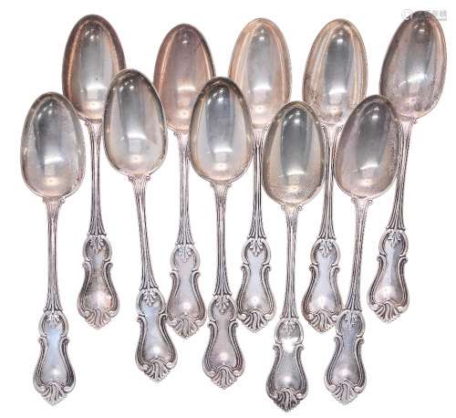 Ten Lincoln & Foss sterling dessert spoons, with scrolling pattern handles, presentation monogrammed