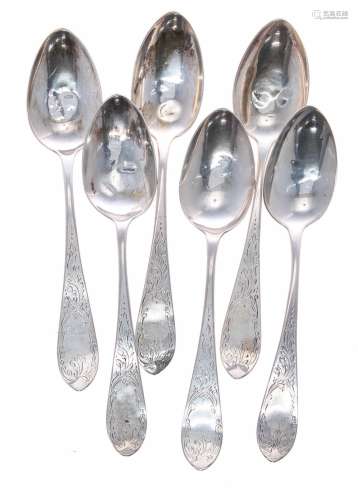 Set of six American coin silver tea spoons, marked coin, Twambley & Cleaves, finely engraved