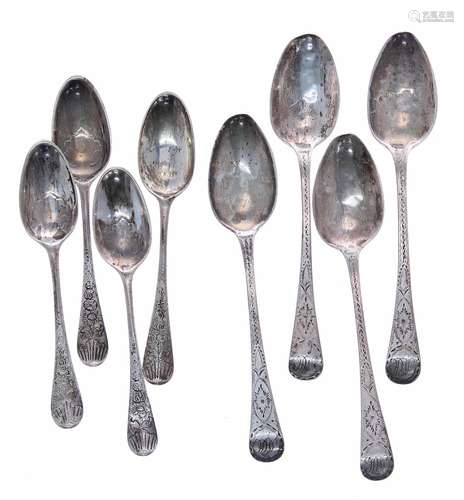 Four George III silver teaspoons, the engraved handles initialled MH, maker Thomas Dicks, London