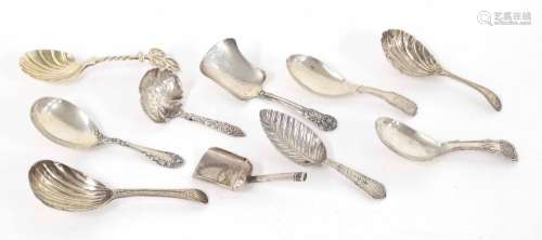Collection of Georgian and later silver caddy spoons, some with scalloped bowls, 2.7oz t; also a