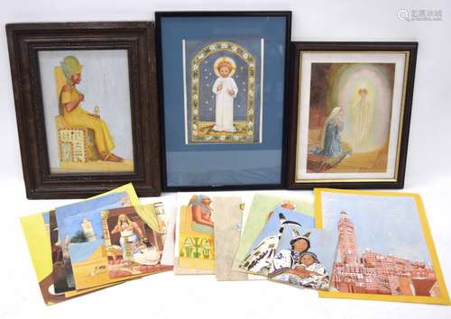 Collection of figural watercolour works on paper including religious scenes, Egyptian Pharoah