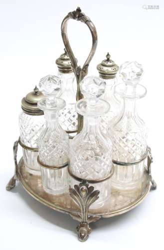 Late Victorian silver plate mounted cut glass cruet set on stand, 10.5
