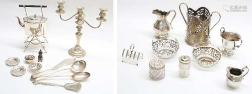 Box of silver plated table wares including kettle on stand, three sconce candlestick, coffee pot,
