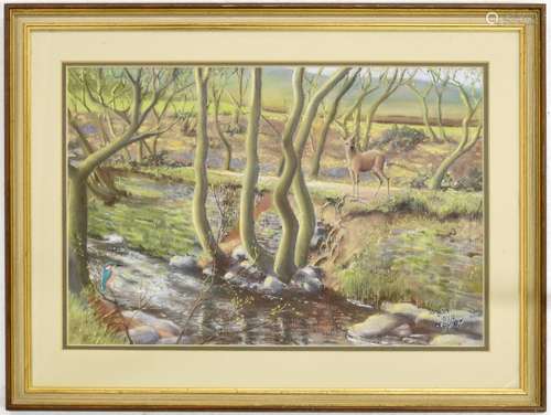 Bryan Islip (20th century) - Woodland river bank with a young deer, a kingfisher in the