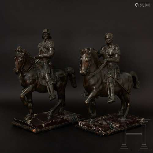 Ein Paar großer Bronzen berittener Condottieri, nach Vorbildern aus der Renaissance, Italien, um
