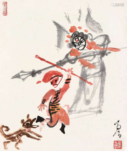高马得 1917～2007 大战二郎神 镜片 设色纸本