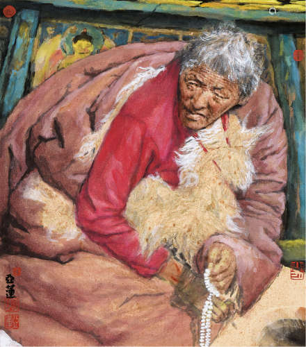 陈亚莲 b.1976 藏族妇女 镜框 设色纸本