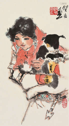 癸亥（1983）年作 杜显清 b.1922 女孩和羊 镜片 设色纸本