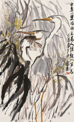 戊辰（1988）年作 王仲谋 1920～1990 白鸟 （一双） 镜片 设色纸本