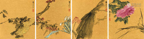吴平 1920～2019 花卉 （四幅） 硬纸板 泥金设色
