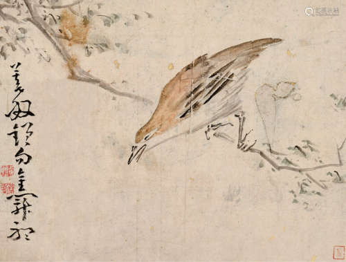 黄慎 1687～1768 （款） 鸟栖高枝 册页片 设色纸本
