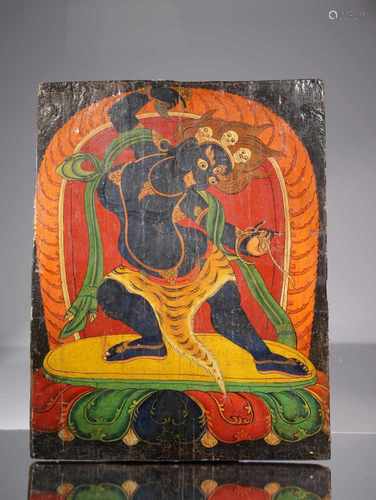 WOOD PAINTED DOOR DEPICTING MAHAKALA