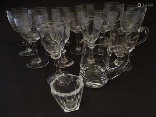 Glass: an assortment of 19thC drinking glasses, to include five etched port/sherry glasses etched