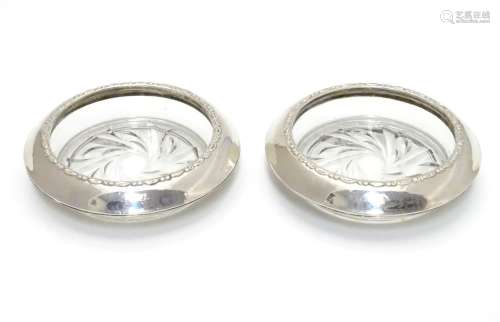 Pair of sterling silver mounted glass coasters bearing the maker?s mark for Amston Silver Co. of