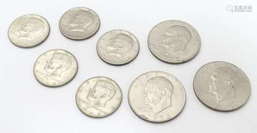 A quantity of USA coinage : five Kennedy ½ dollar coins dating 1965, 1968, 1969 and 1971 (2). Also