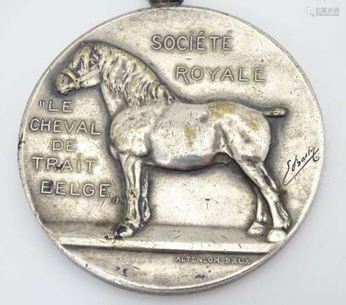 A Belgian silver plate medallion with image of Horse to one side ' Societe Royale Le Cheval de Trait