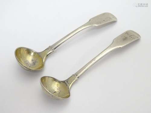 Two 19thC Scottish provincial fiddle pattern salt spoons wit traces of gilding. One marked GB AB,