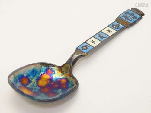 A Scandinavian silver souvenir spoon with enamel decoration and titled 'Stavanger' maker Magnus Aase