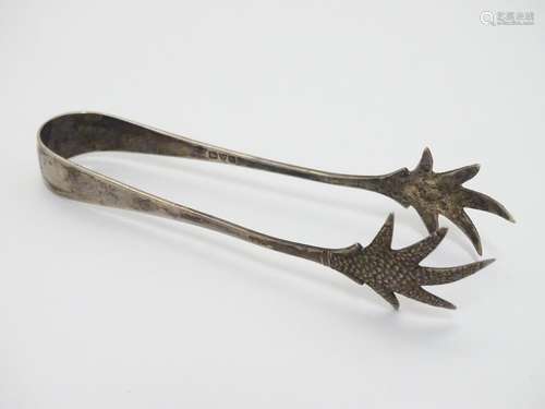 Silver sugar tongs with birds claw grips. Hallmarked Chester 1911 maker Barker Brothers. Approx.