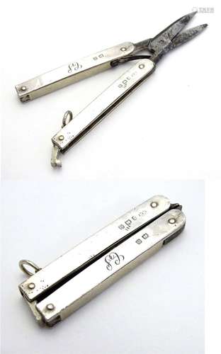 Silver folding scissors, hallmarked Birmingham 1913 maker William Manton Approx 3 1/4