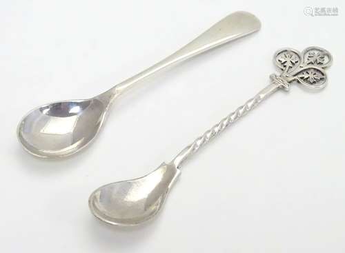 Two silver mustard spoons, one with unusual handle surmounted by openwork quatrefoil detail