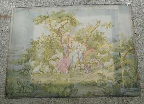 A late 19thC / early 20thC wall hanging / tapestry depicting figures in a landscape with sheep and