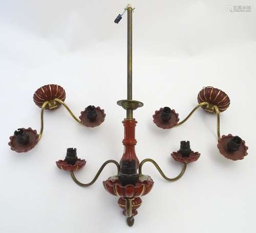 A red glass and gilt electrolier and two matching wall lights, the electrolier 21