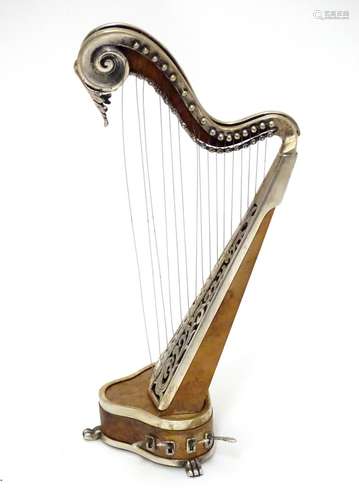 An Italian silver an wood miniature model of a harp. by Sacchetti 5 1/2