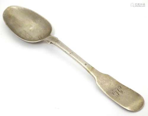 An Irish silver Fiddle Pattern teaspoon, hallmarked Dublin 1844, maker James Le Bas and stamped