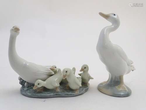 Two Lladro figures models as geese, a Mother Goose and her Goslings figure group, model no. 1307,