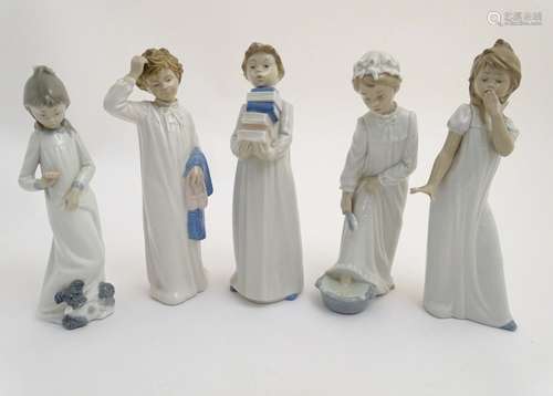 Five Nao bedtime figures to include 'Yawning Girl', model no. 230, 'Boy washing his feet' model