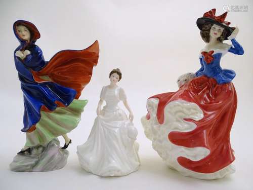 Three Royal Doulton figurines depicting women, Janet, model no. 4042, May, model no. 2746, and